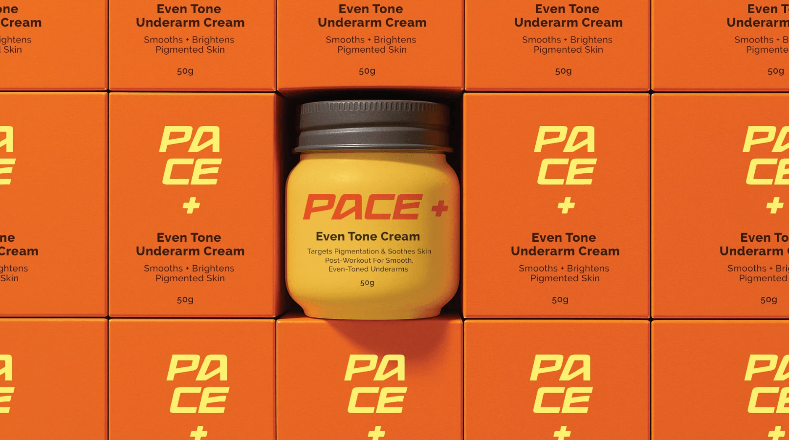 Center jar of Eve Tone Underarm Cream surrounded by orange boxes with bold white and black text.