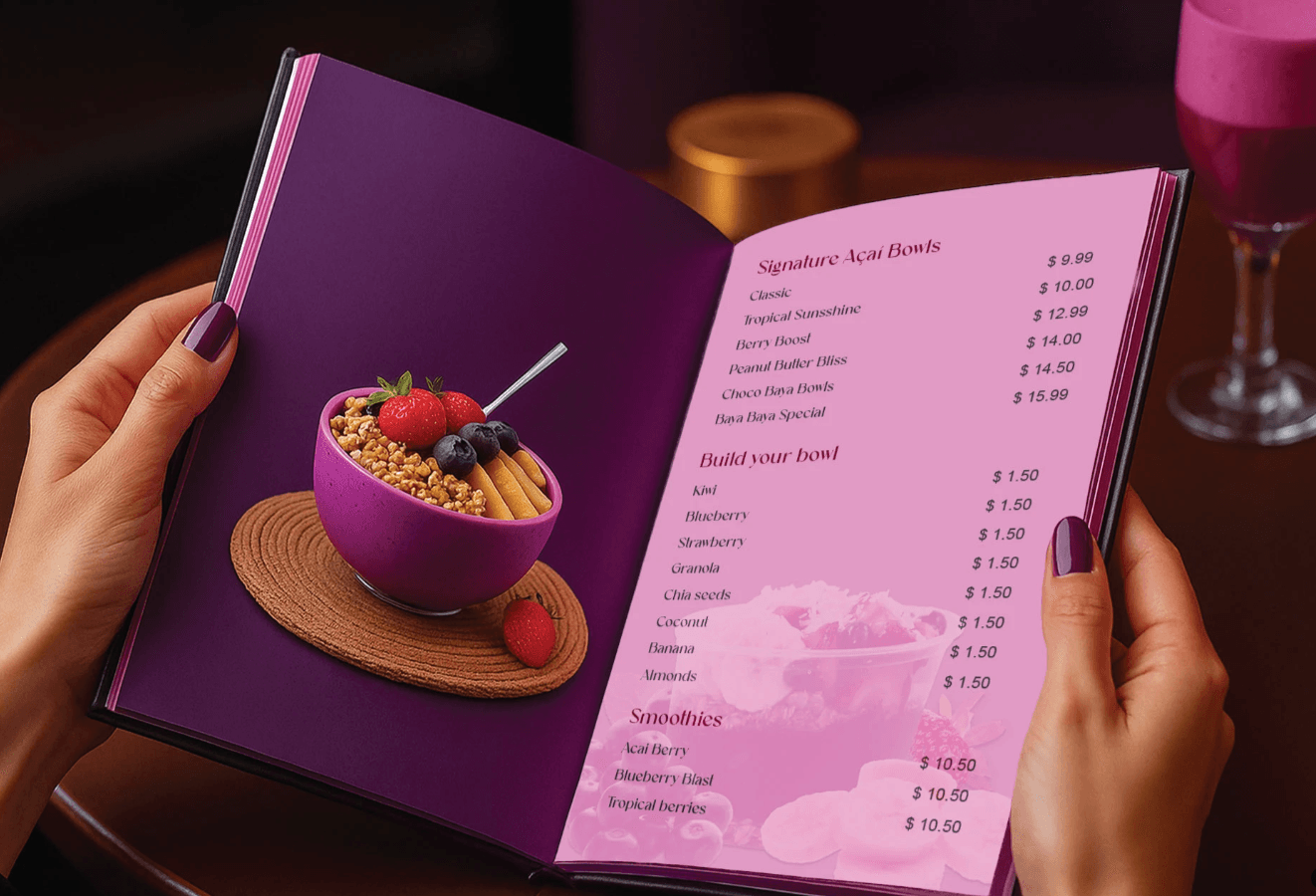 Person holding a menu open, showing a dessert with berries and cookies on the left page, pink menu on the right, background with drinks.