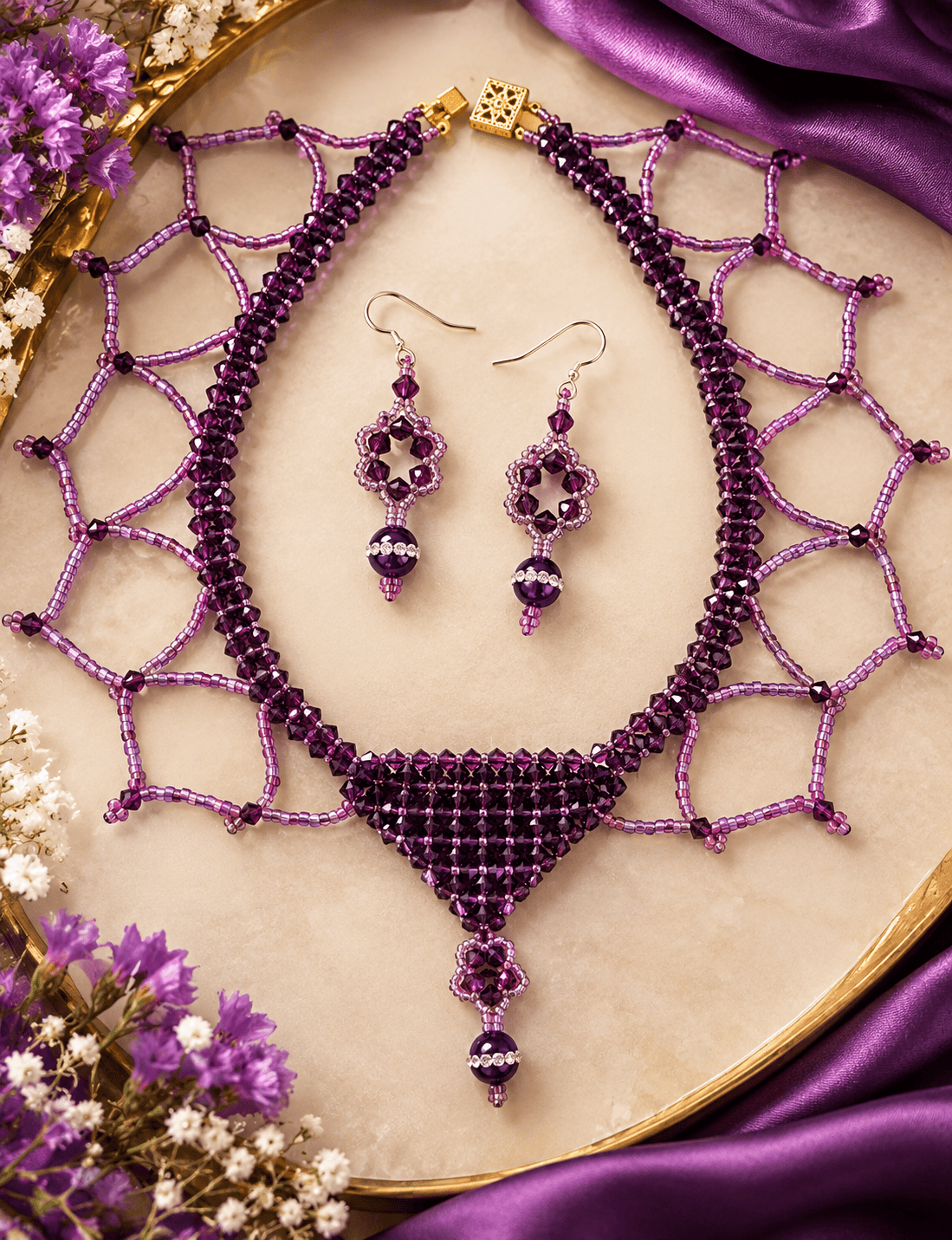 Purple beaded necklace and matching earrings on a beige surface with purple fabric and flowers, jewelry with gold accents.
