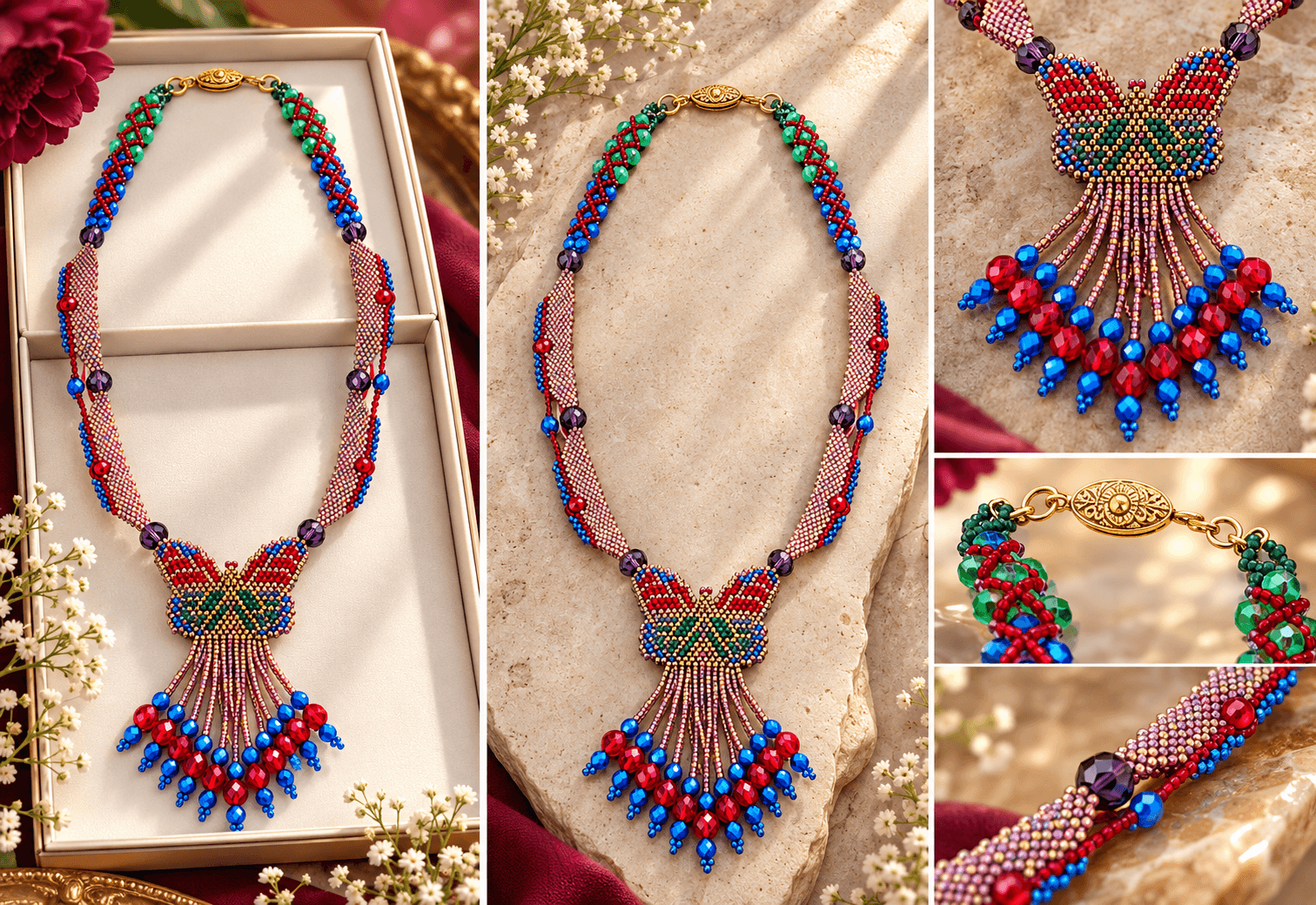 Colorful beaded necklace with a large pendant, displayed on a surface with flowers, shown from different angles.