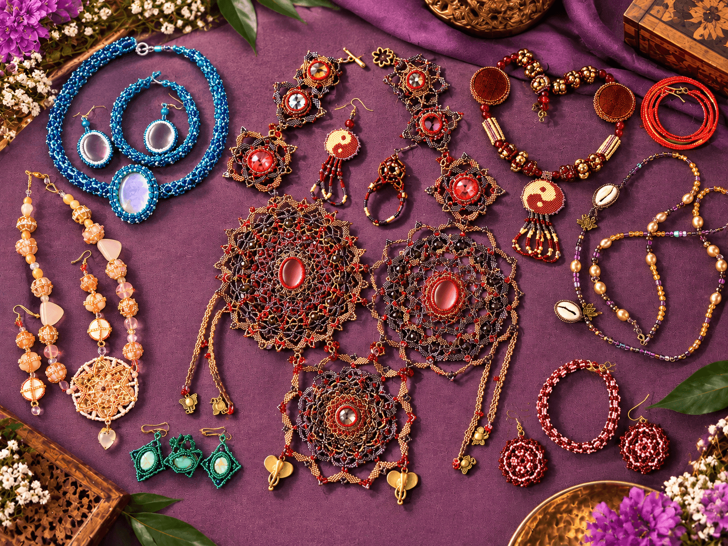 Jewelry collection with necklaces, earrings, and bracelets displayed on a purple surface.