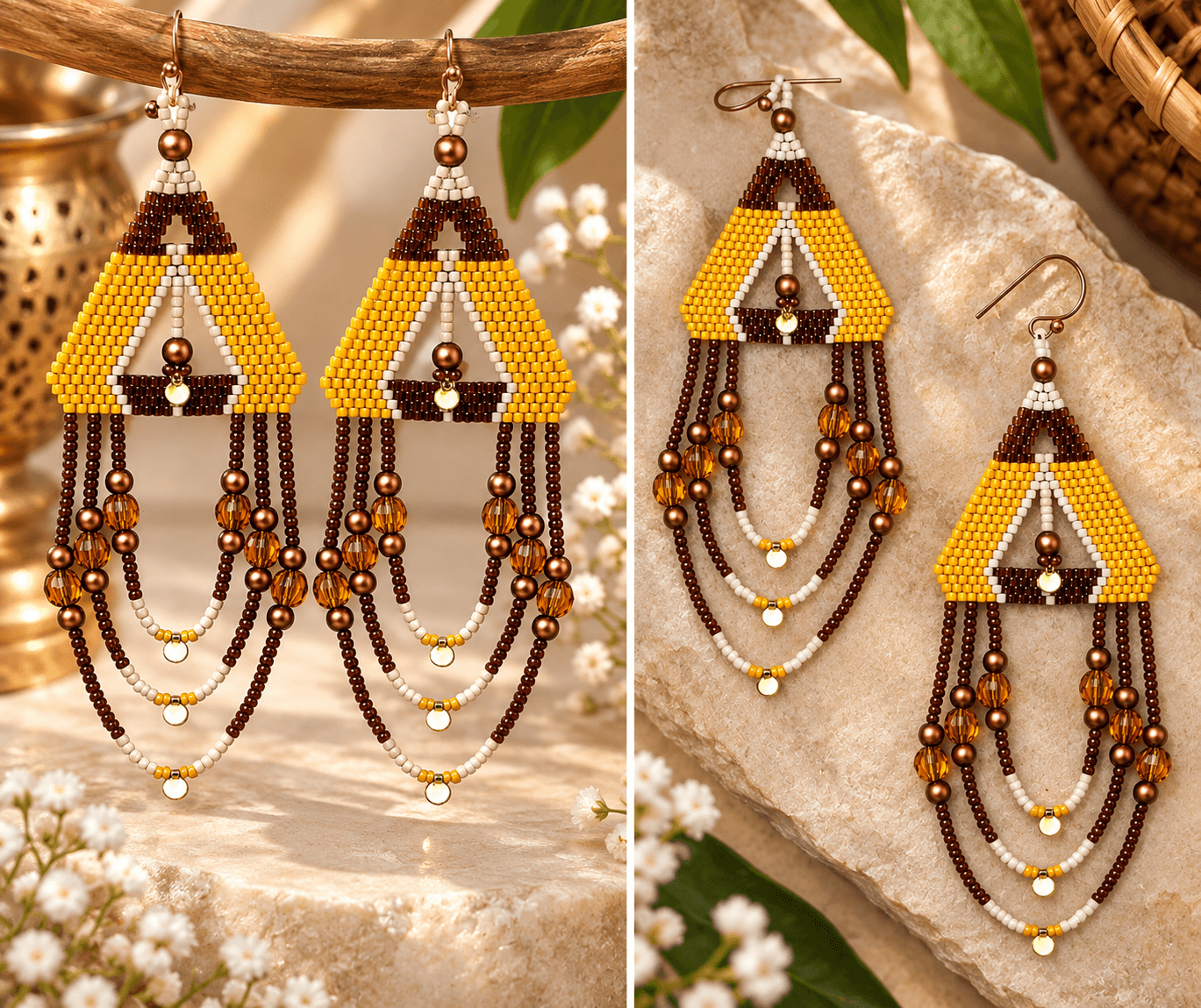 Pair of beaded earrings with yellow, brown, and white beads, displayed on a stone surface with flowers and greenery.