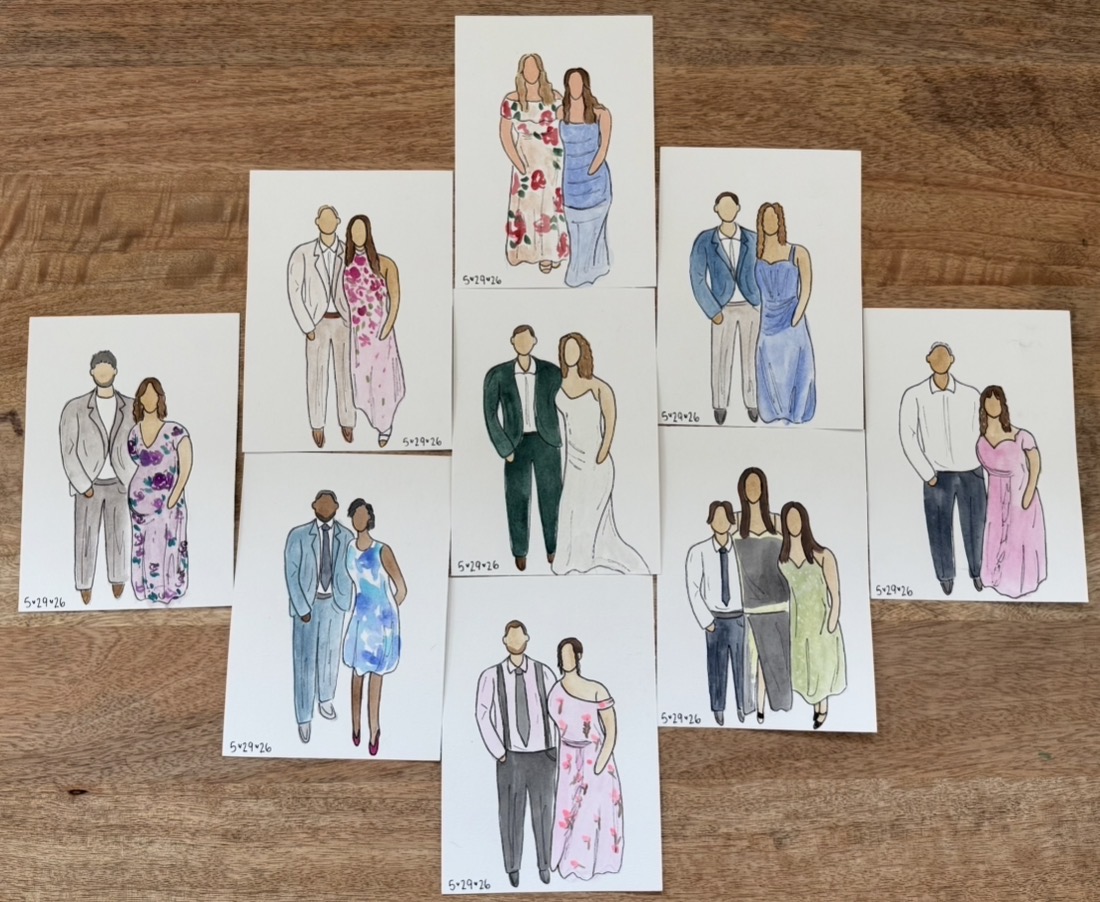 Collection of seven illustrated paper cards featuring couples in formal attire, arranged on a wooden surface.