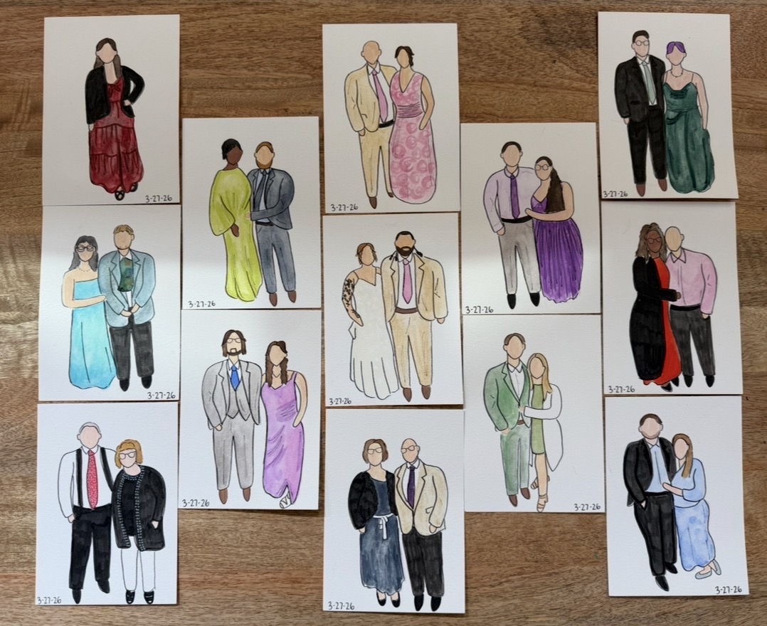 Collection of illustrated people in formal and semi-formal attire, standing in pairs or groups, on a wooden surface.