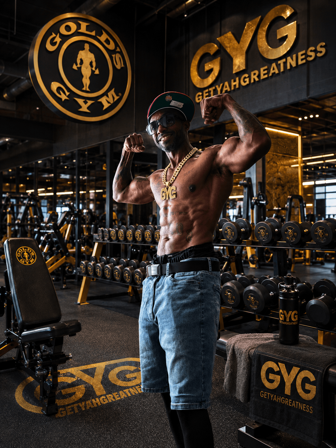 Muscular man flexing arms in gym with GYG and Gold's Gym logos, gym equipment in background.