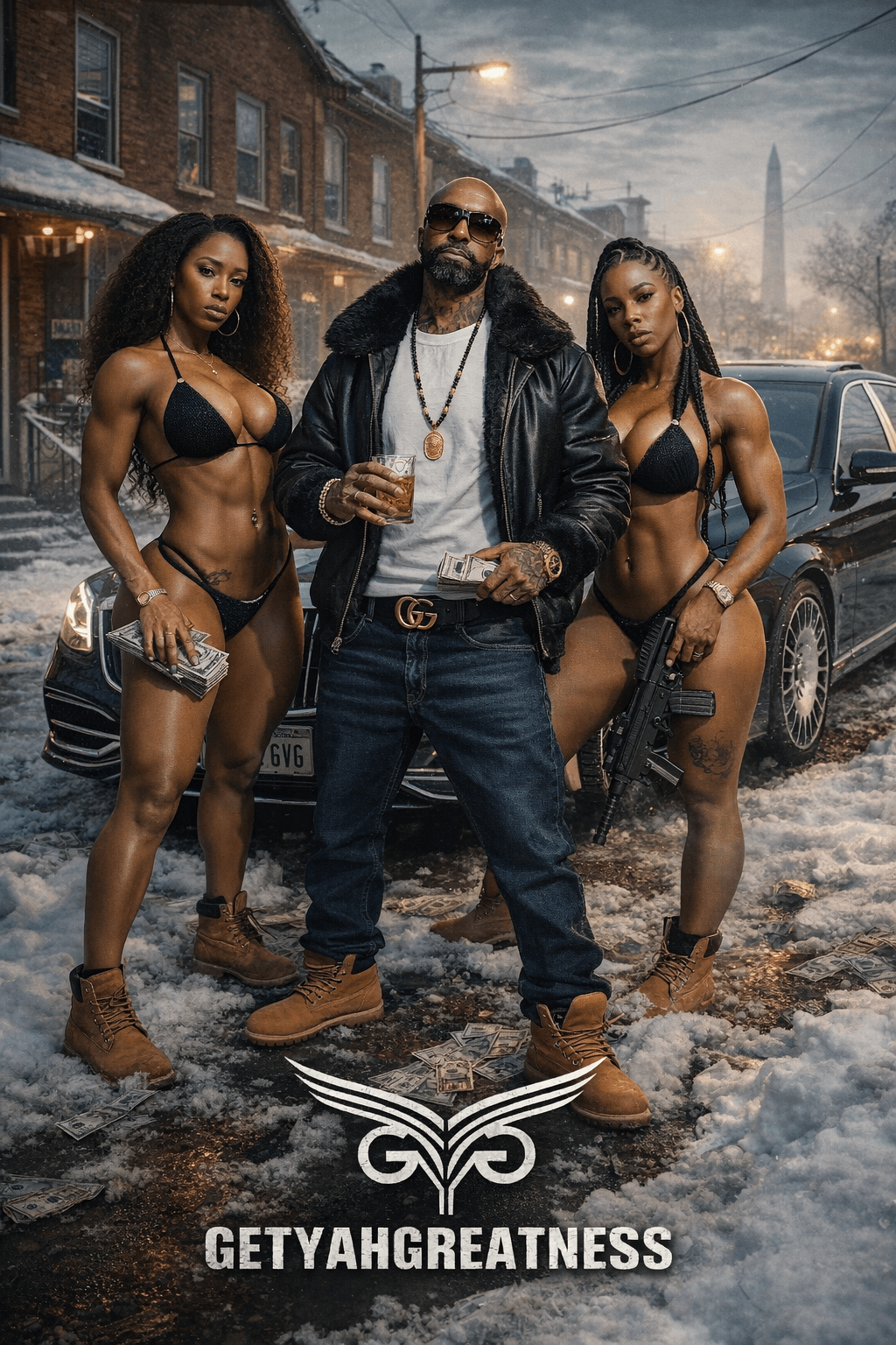 Man in black leather jacket and sunglasses holding a drink, flanked by two women in black lingerie, on a snowy city street.