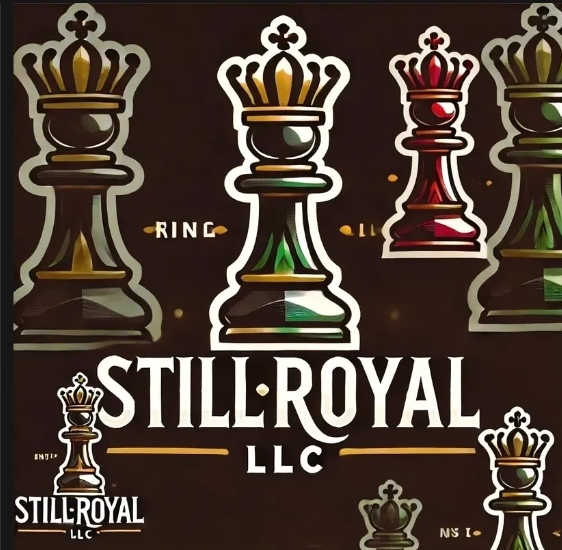 Multiple chess king pieces with crown designs, the text 'STILL ROYAL LLC' in bold, and a dark background.