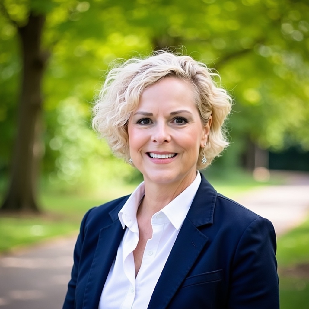 Portrait of a smiling woman with curly blonde hair outdoors, wearing a navy blazer and white shirt, with green trees in background.