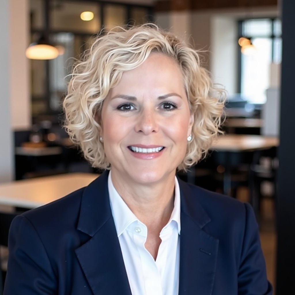 Portrait of a woman with curly blonde hair, wearing a navy blazer and white shirt, smiling in a modern office setting.