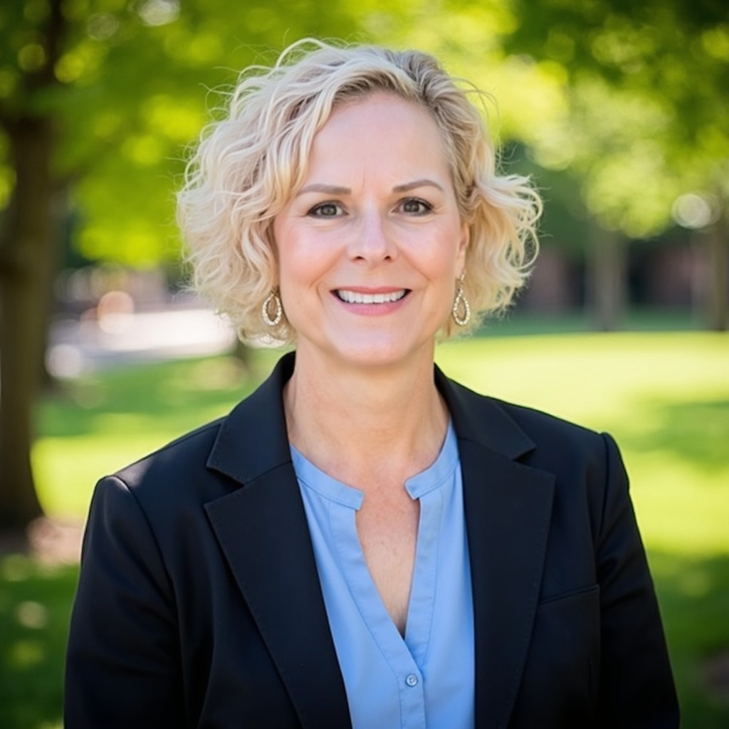 Woman with curly blonde hair smiling outdoors, wearing a black blazer and blue blouse, with green trees in background.