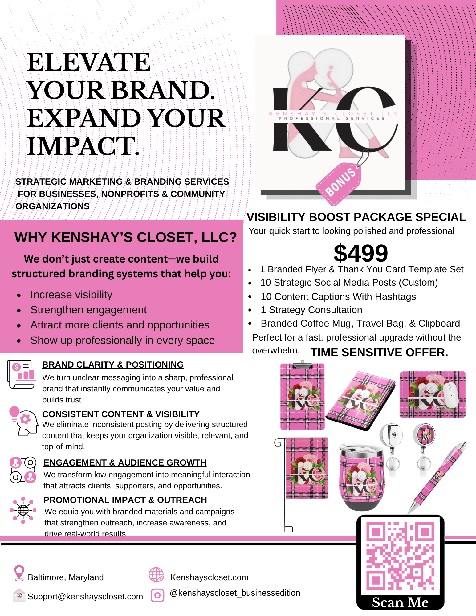 Promotional flyer for Kenshays Closet LLC, featuring marketing services, a special offer, and a QR code, with pink and black text.