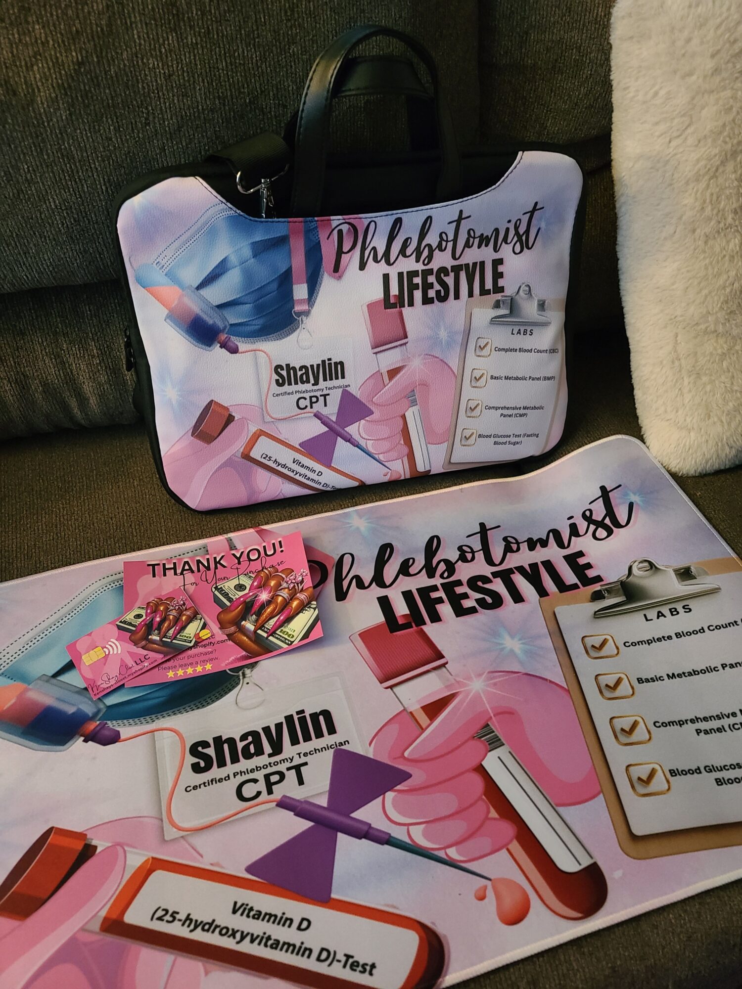 Two colorful festival flyers with makeup and beauty products, one with a pink background and the other with a white background.