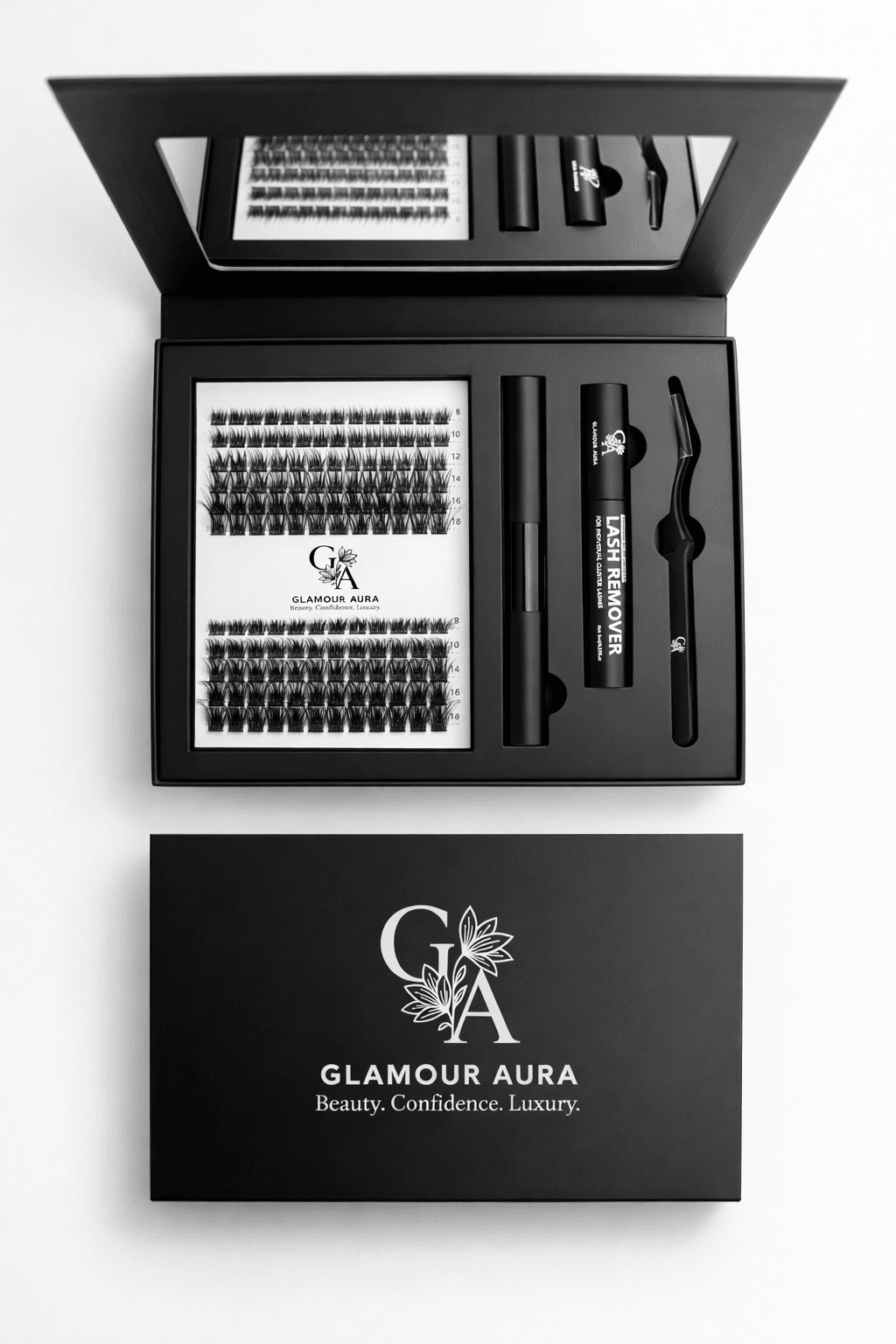 Open black box with beauty tools and accessories inside, and a closed box with a logo and text below.