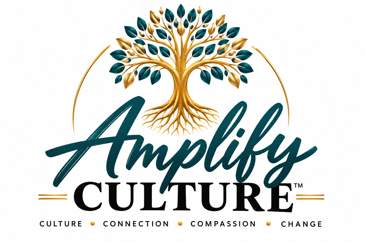 Logo with a stylized tree and the words 'Amplify Culture' beneath it, emphasizing culture, connection, compassion, and change.