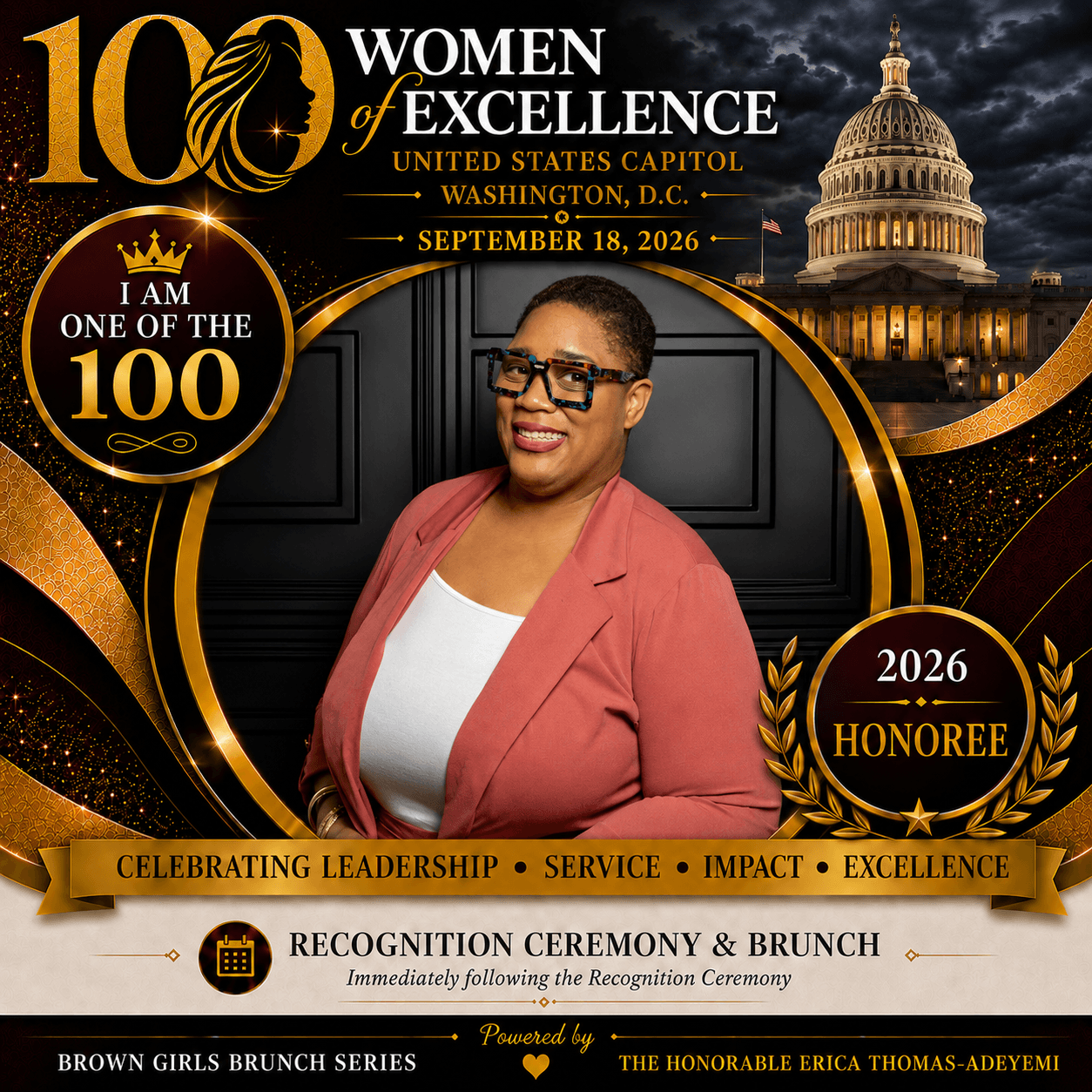 Woman in pink blazer and glasses smiling, with Capitol building in background, celebrating women of excellence, 2026 honoree, September 18, 2026.