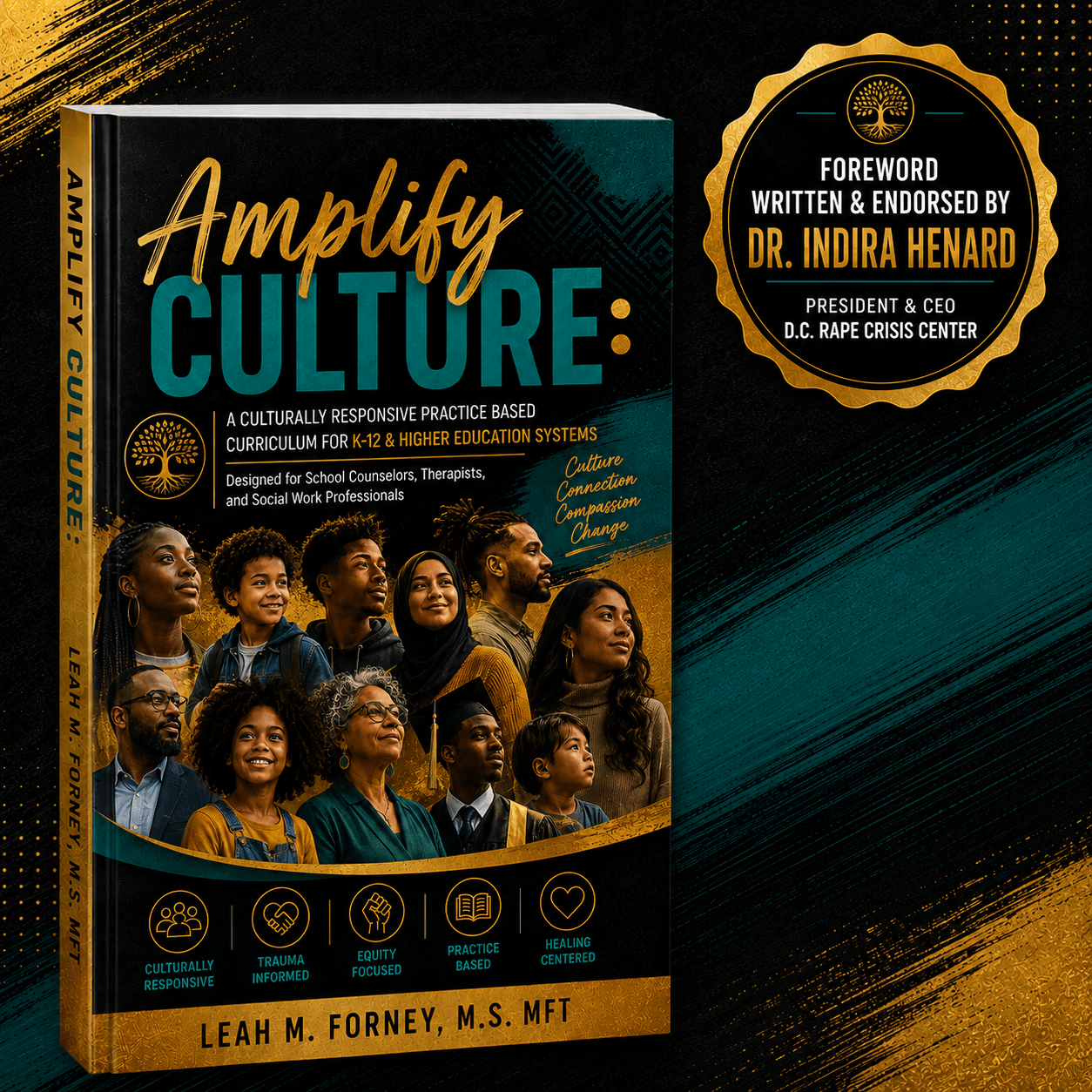 Book titled 'Amplify Culture' with diverse group of people on cover, gold badge with endorsement, black background with teal and gold accents.