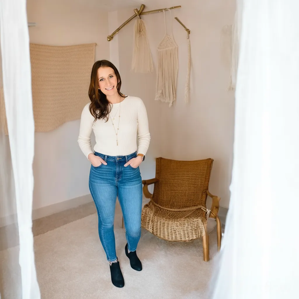 Woman standing in a room with white walls, wearing a white top and blue jeans, smiling, with a wicker chair nearby.