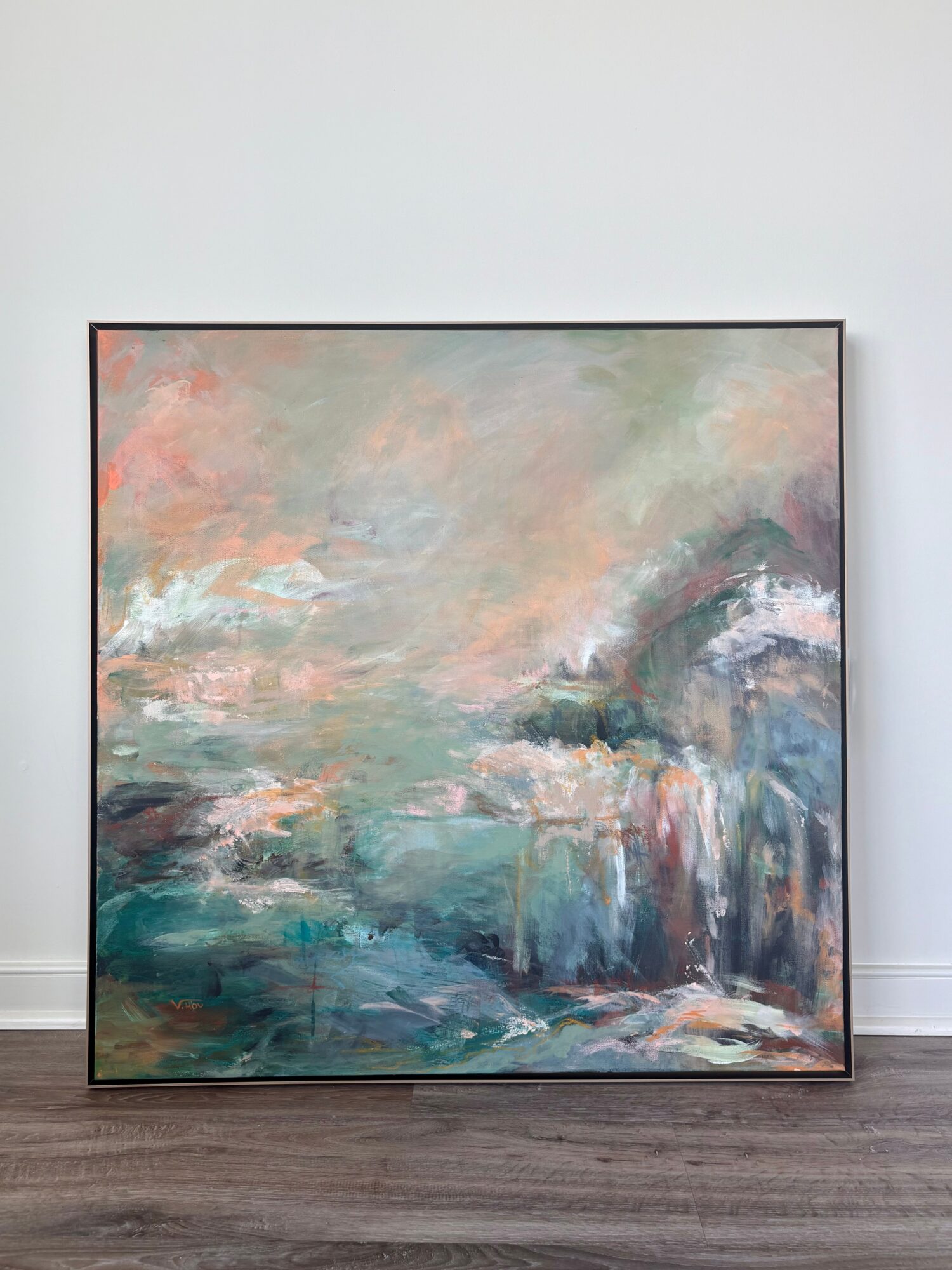 Abstract landscape painting with soft pastel colors and flowing brushstrokes, depicting a natural scene with water and sky.