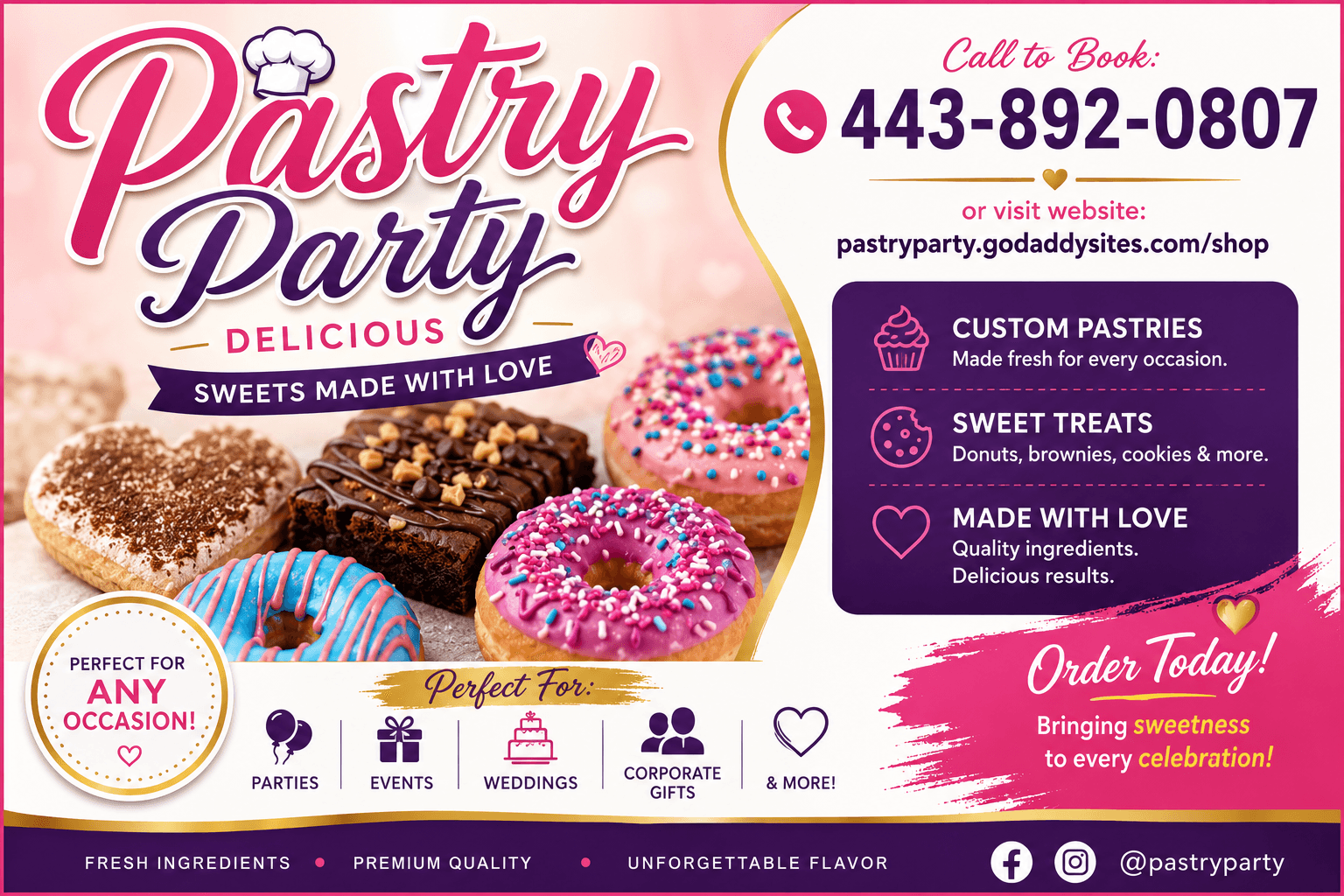 Pastry Party bakery sign with colorful donuts and cupcakes, contact info, and ordering details, on a pink background.