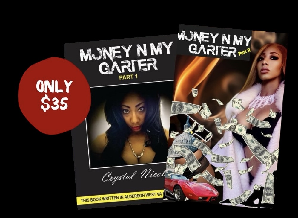 Two book covers titled 'Money N My Gainer Part 1' featuring women, money, and a car, with a red circle showing '$35'.