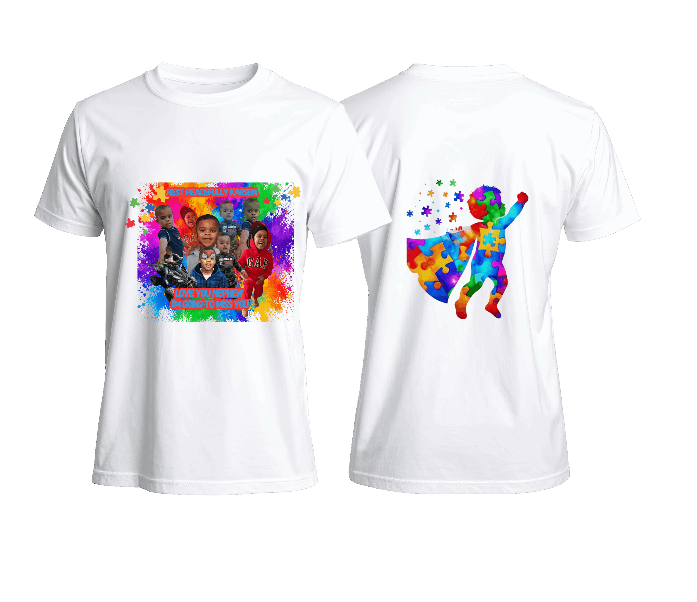 White T-shirt with colorful children playing and puzzle pieces, front and back designs, on a black background.