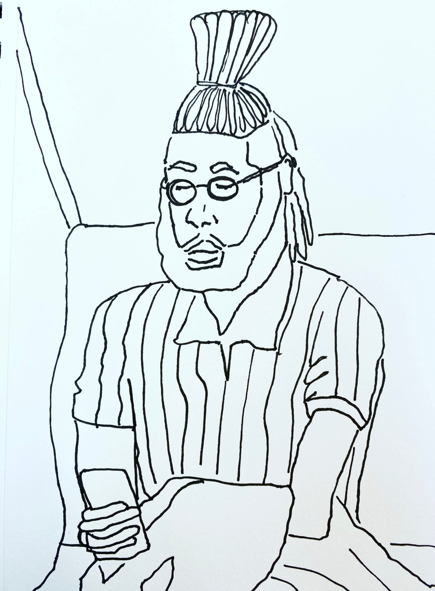 Line drawing of a person with glasses, a topknot hairstyle, and striped shirt, sitting with arms crossed.