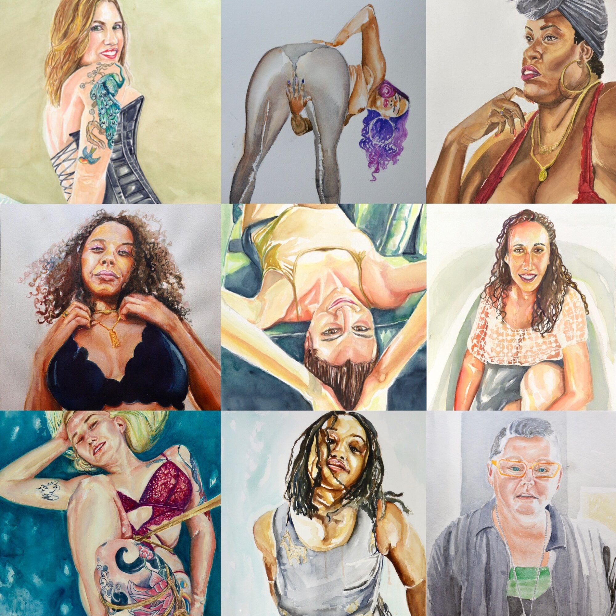 Six images of women and a person in various poses, some lying down or standing, with diverse backgrounds and clothing.