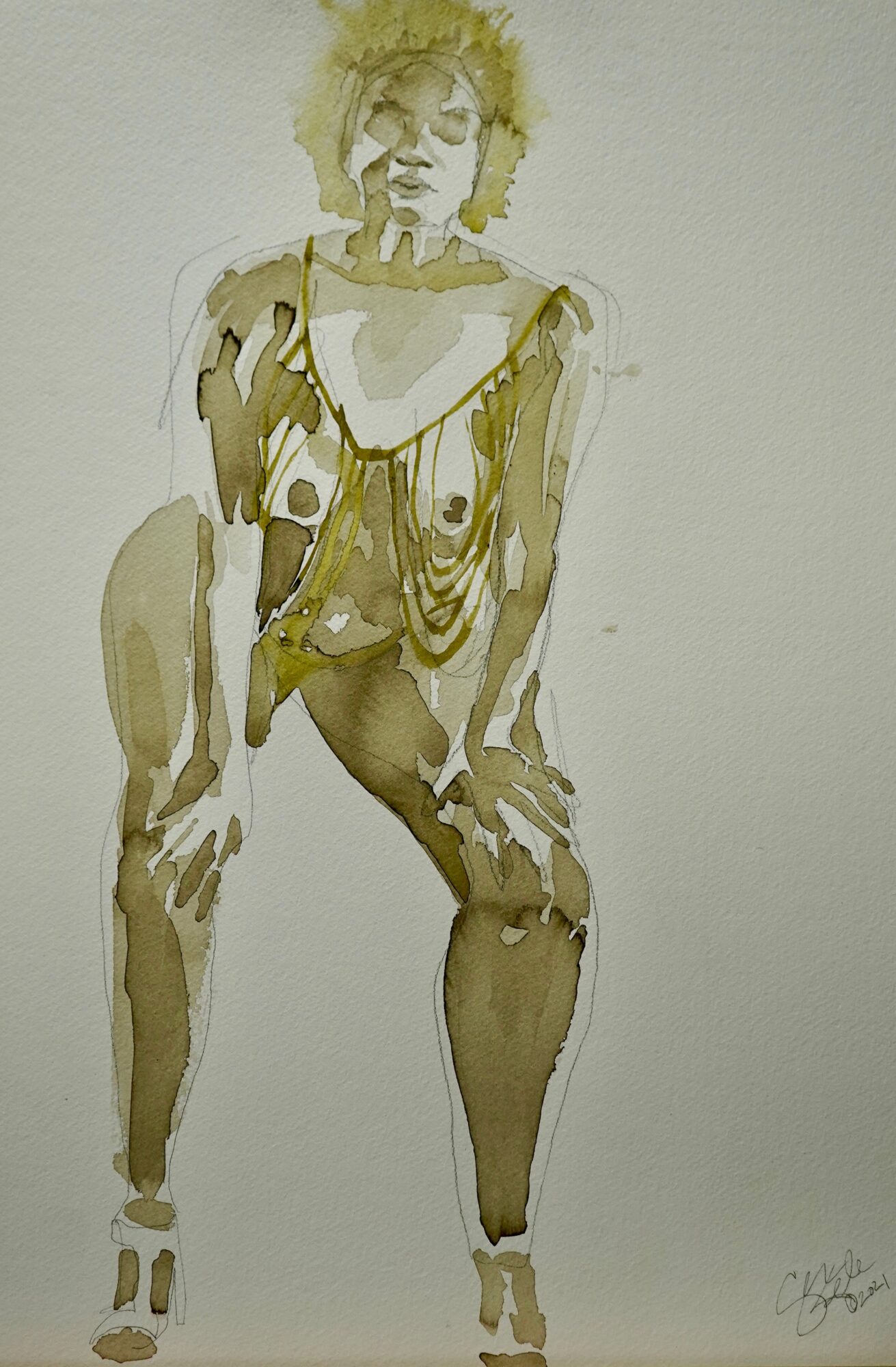 Sketch of a person with curly hair, sitting with legs apart, in a loose, expressive style.