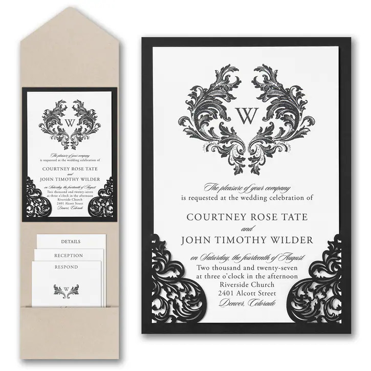 Wedding invitation with ornate black design and text, framed and in an envelope, inviting to a celebration at Riverside Church.