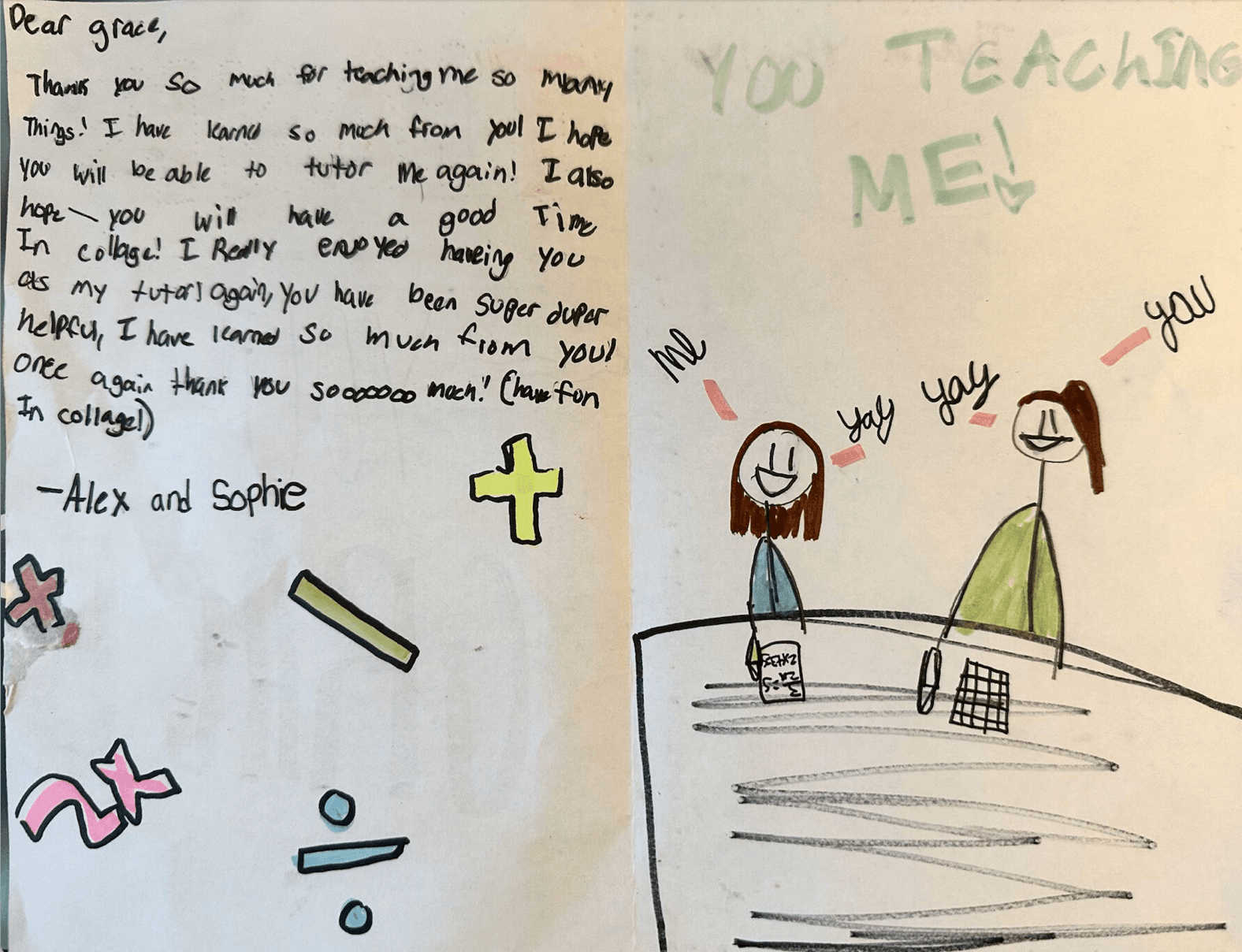 Handwritten thank you note and colorful drawing of two people at a table with speech bubbles, smiling faces, and decorative elements.