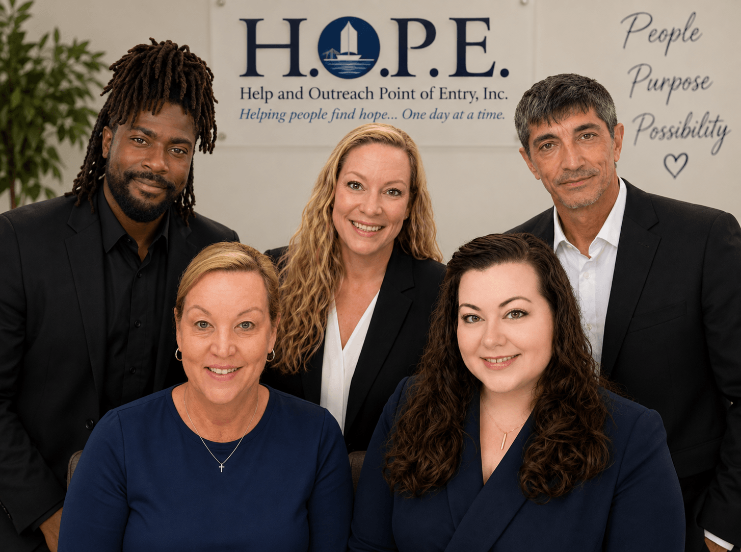 Group of five diverse people smiling in front of a HOPE organization banner.