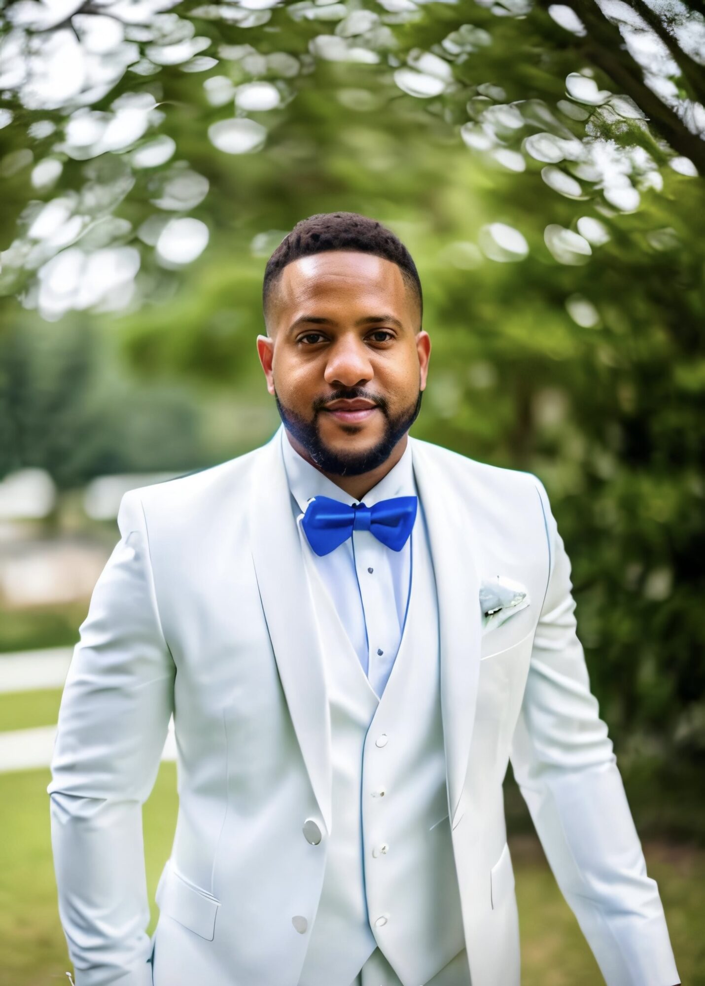 Man in white suit with blue bow tie outdoors, smiling, green trees in background.