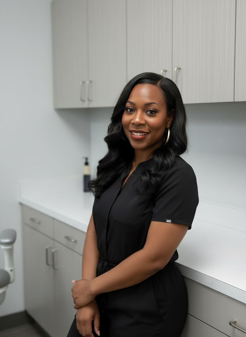 Smiling woman with long black hair in a black outfit standing in a kitchen with white cabinets and countertops.