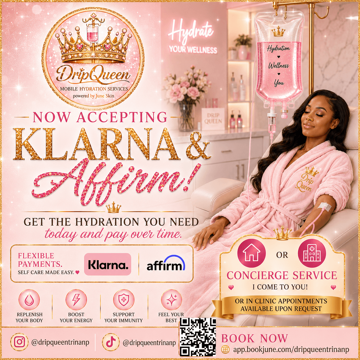 Woman in pink robe receiving hydration treatment in spa setting with promotional signs and products.