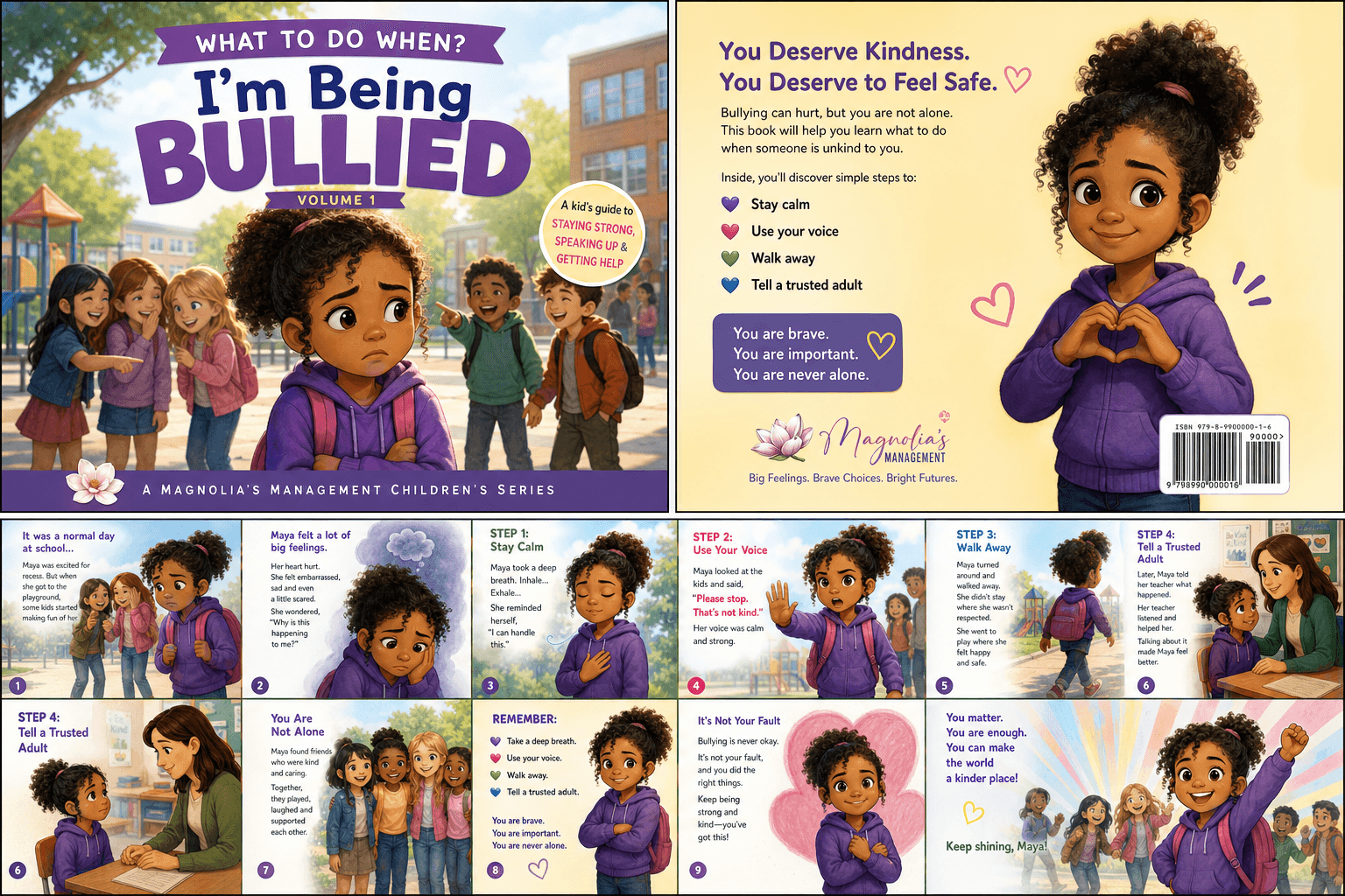 Cover of a book titled 'I'm Being Bullied' showing a girl with curly hair and a purple sweater, with children in the background.
