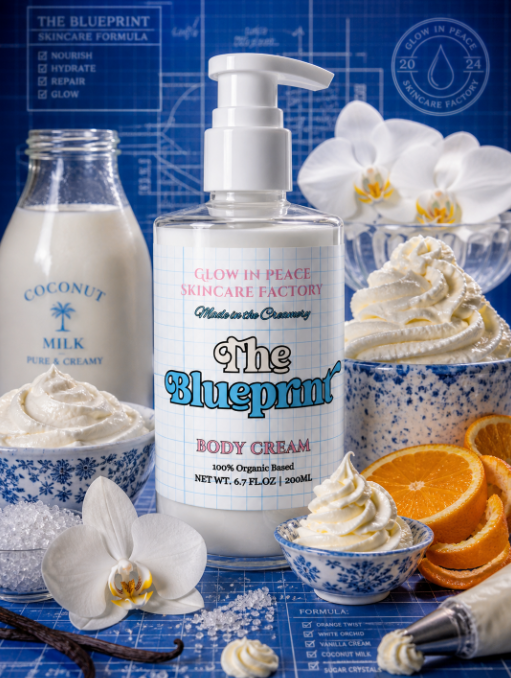 Skincare products, coconut milk, orchids, and orange slices on a blue blueprint background, with a body cream in the center.