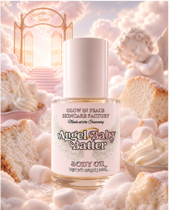 Bottle of Angel Baby Butter body oil surrounded by cake slices, marshmallows, and angel statues, with a bright sky and gate in background.