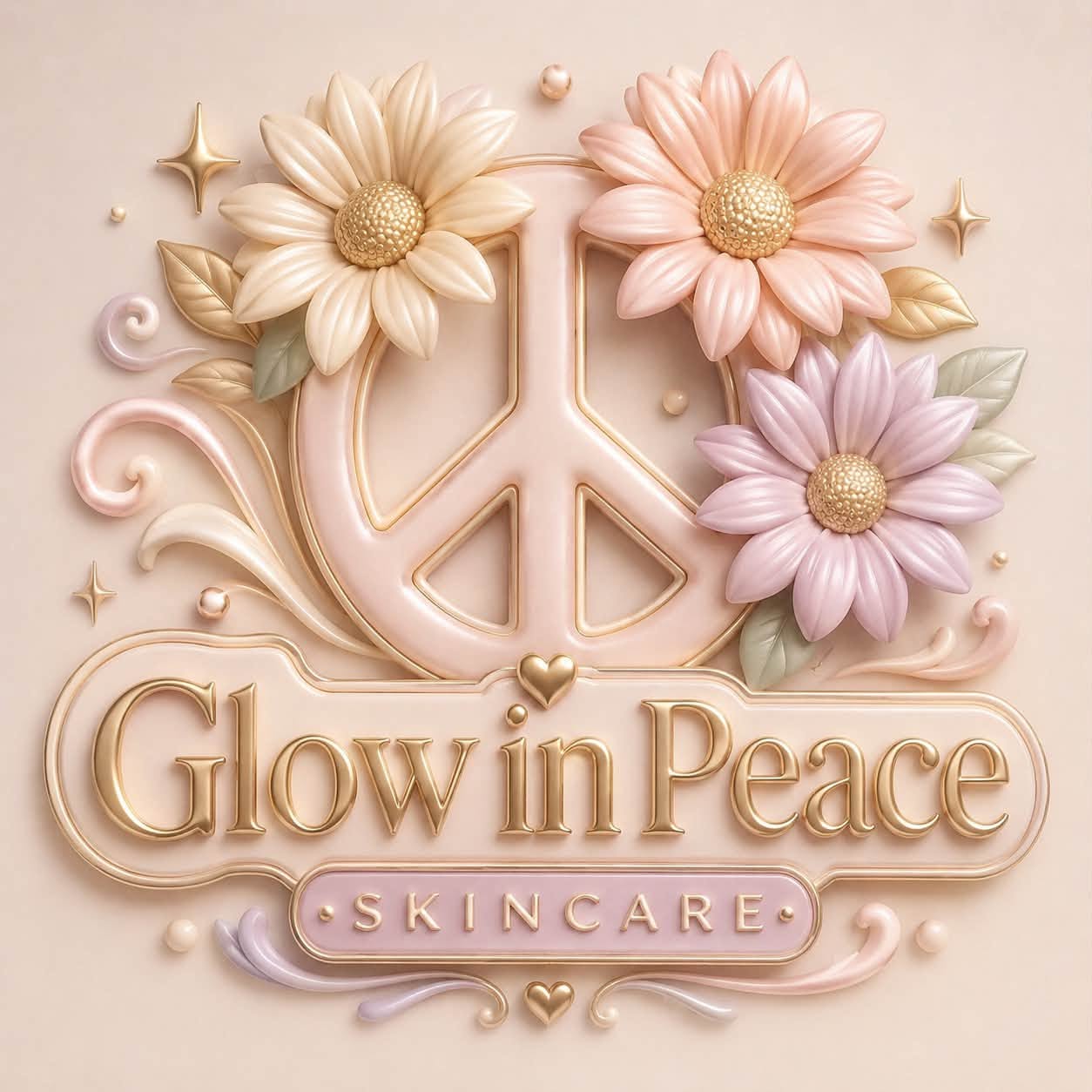 Decorative logo with flowers, peace symbol, and text 'Glow in Peace Skincare'.