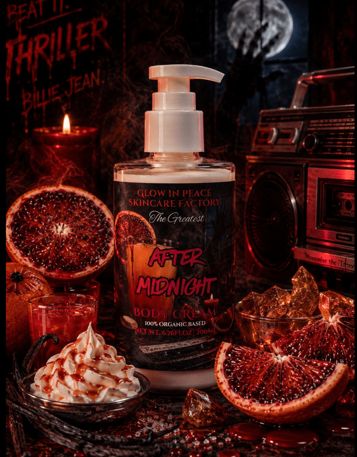 A skincare bottle labeled 'After Midnight' surrounded by blood orange slices, a whipped cream dessert, and a vintage radio, with a dark, spooky background.