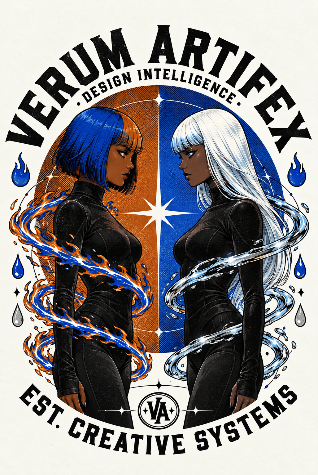 Two women with contrasting hair colors, surrounded by swirling energy, face each other with a star between them, logo above.