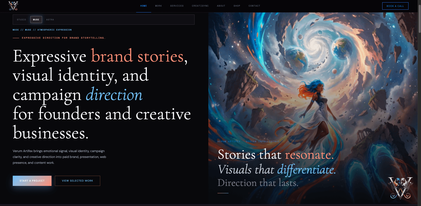 Split screen with text on the left and a cosmic scene with a person on the right, swirling galaxy background, and colorful lights.