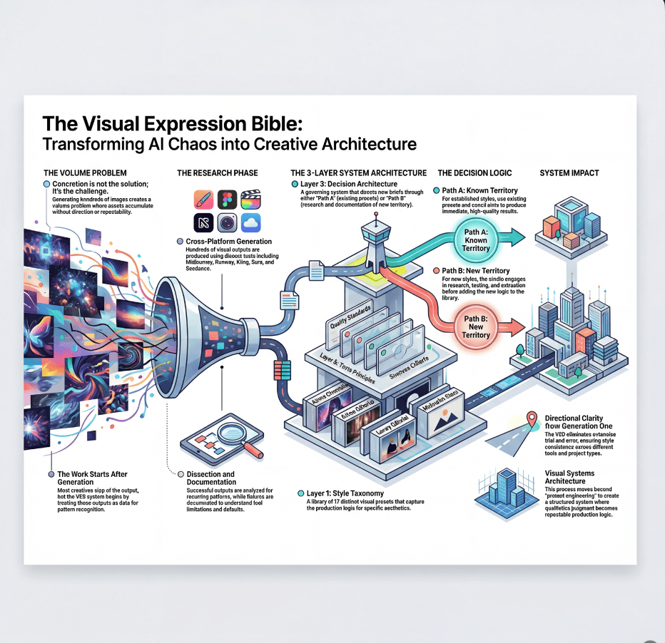 Diagram illustrating the process of transforming AI chaos into creative architecture with labeled sections and flowcharts.