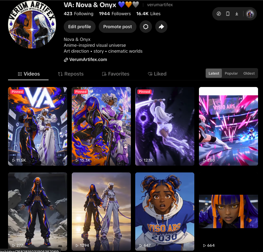 Screenshot of a social media profile featuring animated characters and scenes, with profile information and video thumbnails.