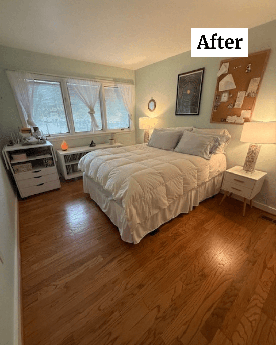 Bedroom with a bed, nightstands, window, and wall decorations, illuminated by warm lighting.