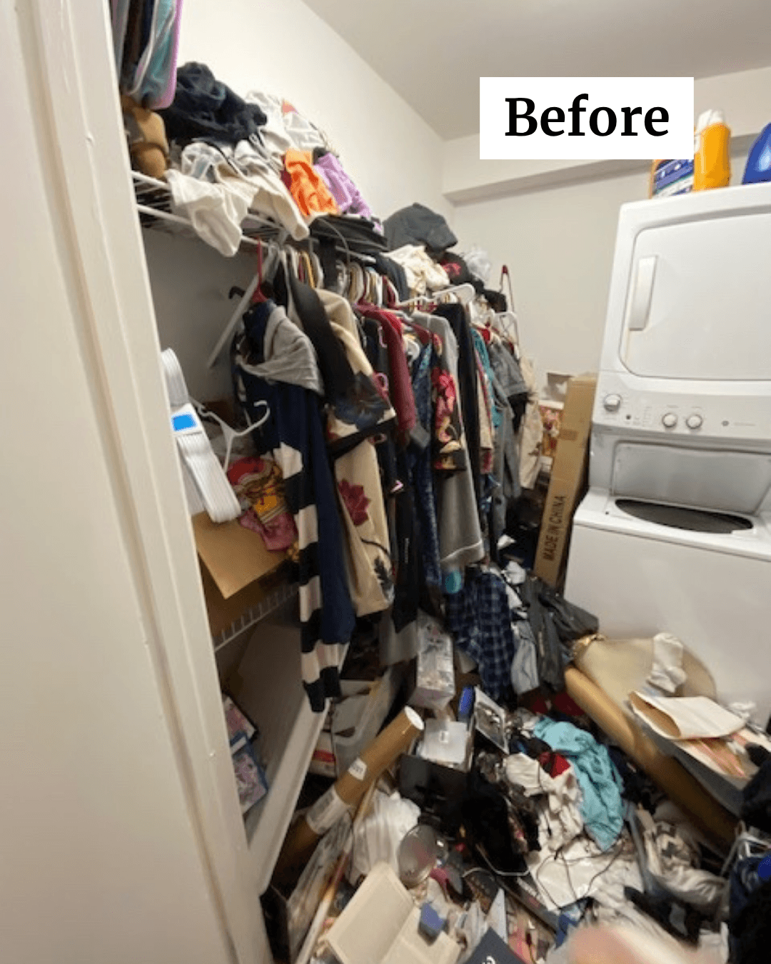 Cluttered laundry room with clothes, boxes, and items on shelves and floor, washing machine visible on the right.