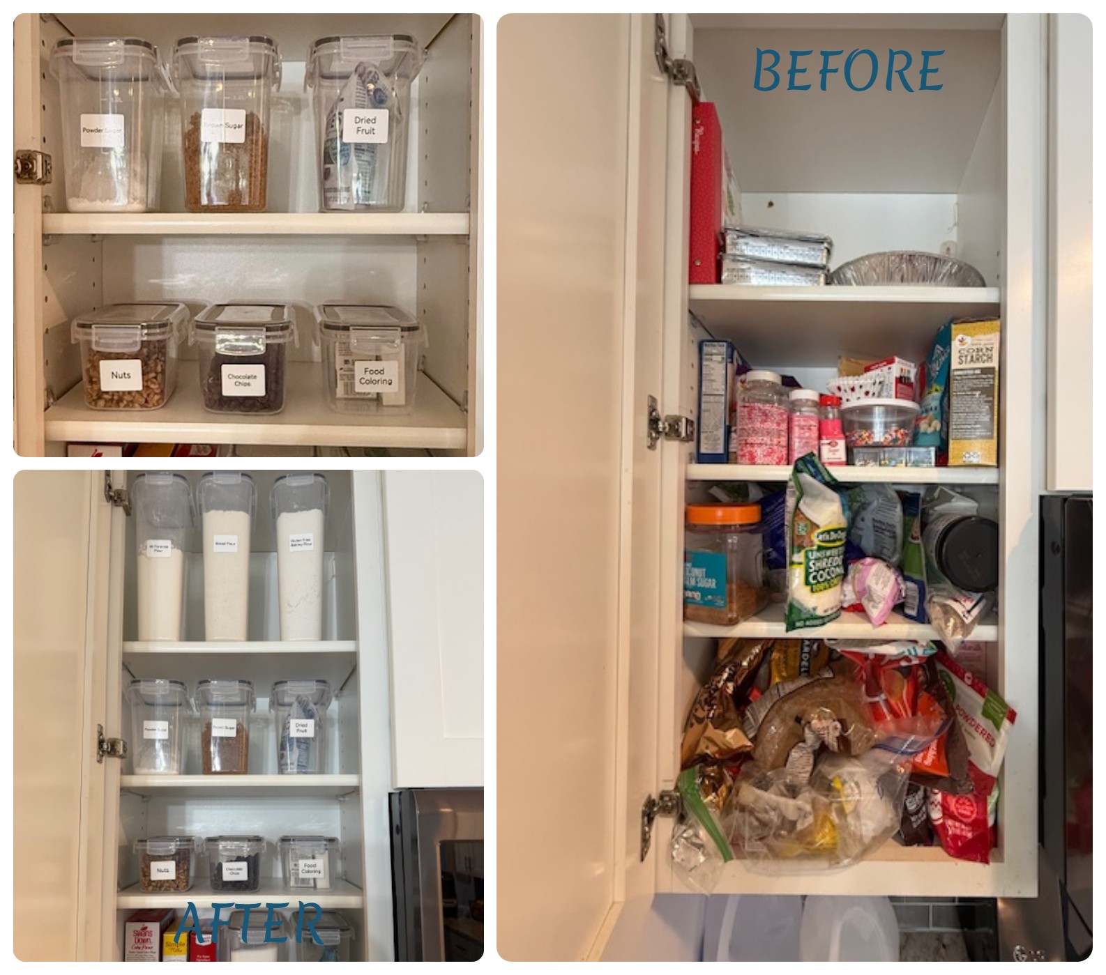 Three shelves with stored food and supplies, some labeled jars, and a cabinet with snacks and groceries, labeled 'BEFORE'.