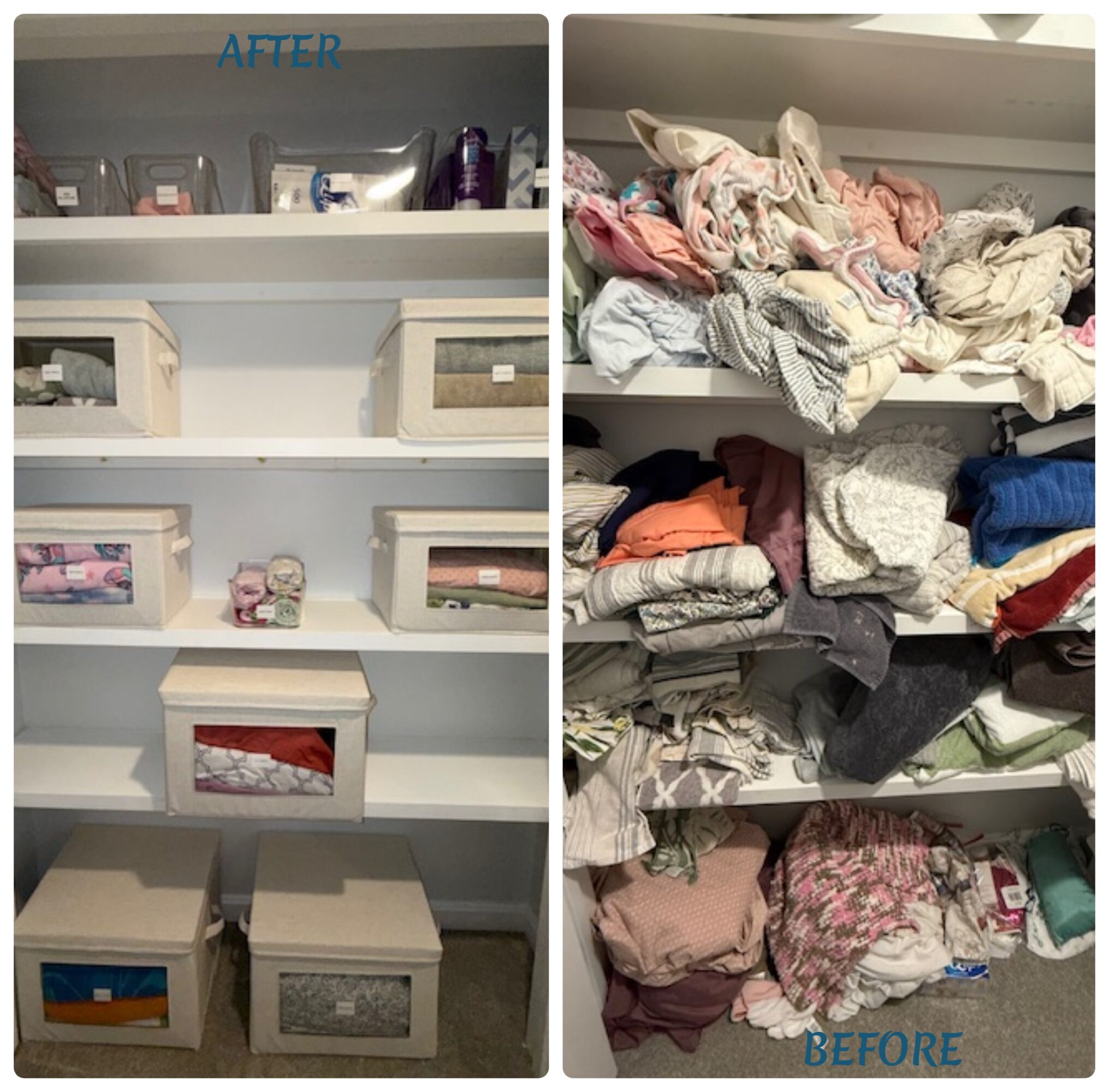 Side-by-side comparison of organized shelves with boxes and cluttered shelves with clothes, labeled 'AFTER' and 'BEFORE'.