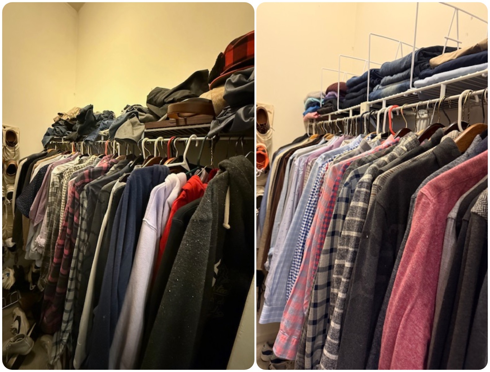 Clothes hanging on racks with folded items on top, in a closet or store setting, viewed from the side.