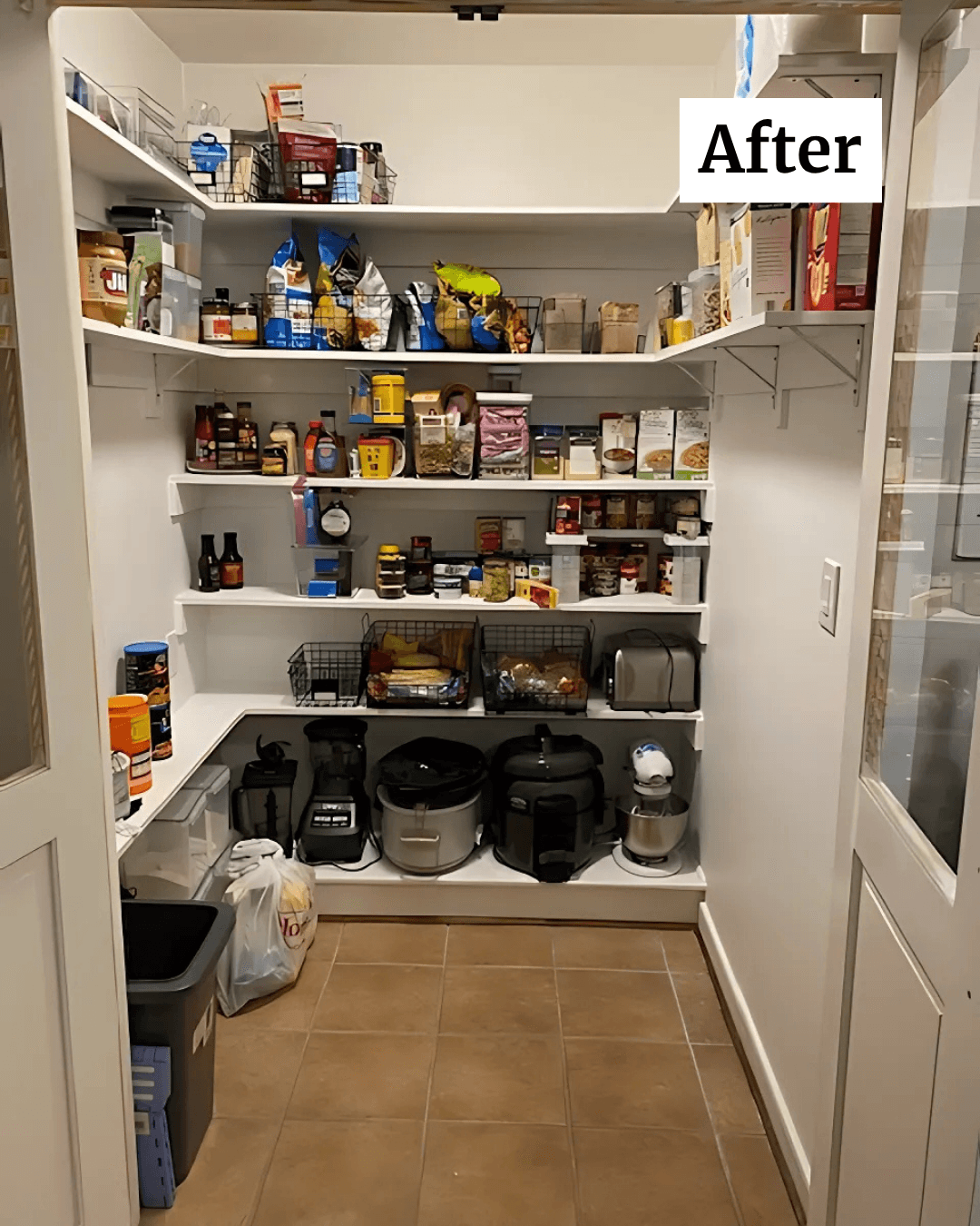 Organized pantry with shelves filled with food items, jars, and containers, and a tiled floor. Label says 'After'.