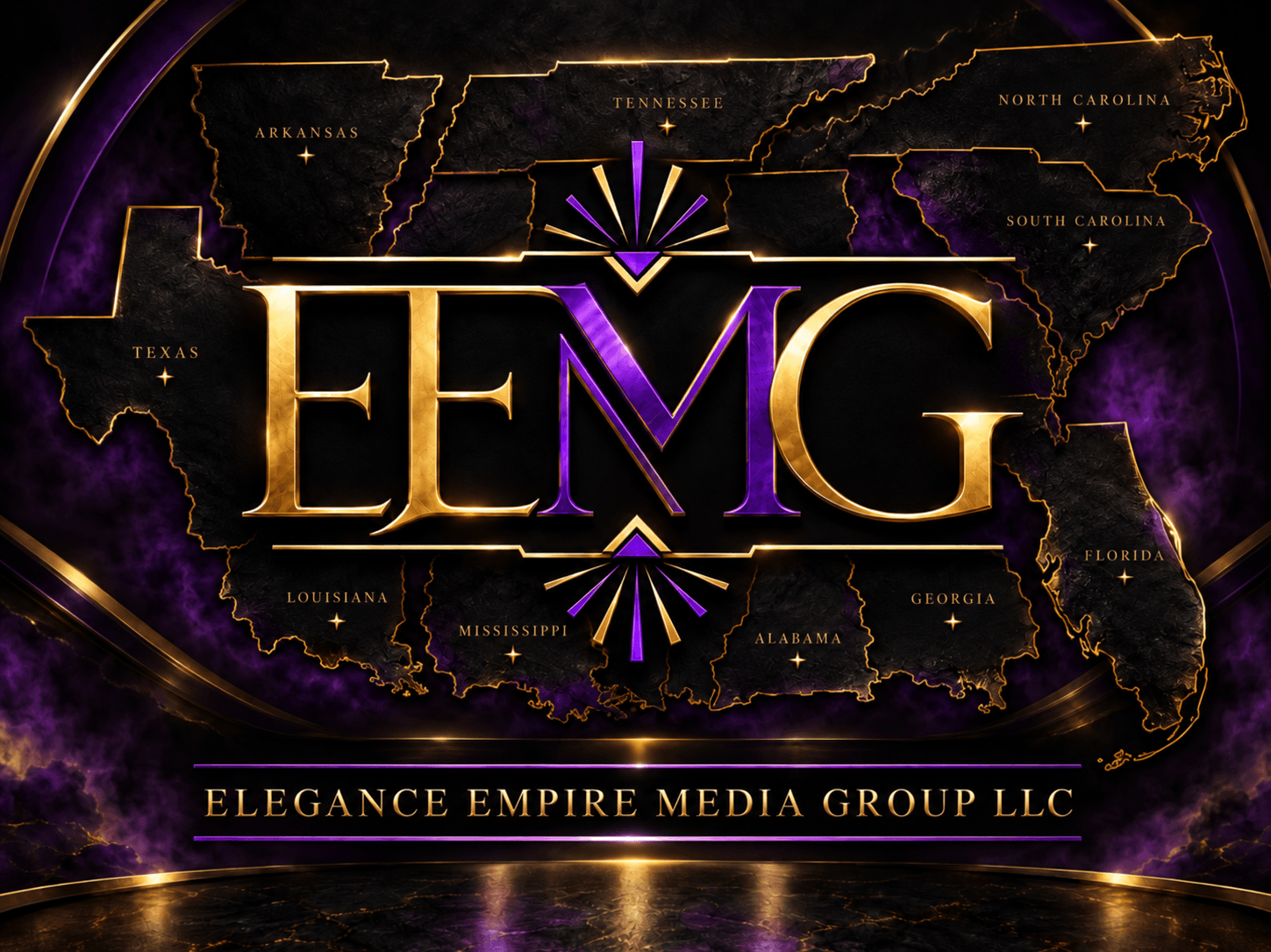 Map of the United States with a purple and gold logo reading 'EMG' and text below for Elegance Empire Media Group LLC.
